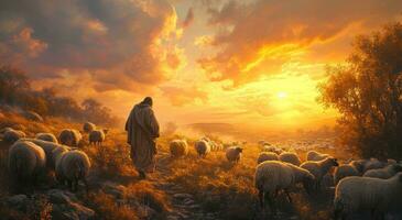 AI generated jesus looking at his sheep on sunset photo