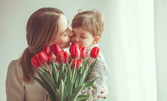 AI generated mom and son are holding a bouquet of flowers photo