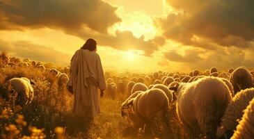 AI generated jesus standing against a background of sheep in the middle of the pasture photo