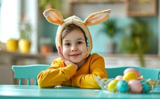 AI generated kid with ears wears bunny hat at a table with easter eggs photo