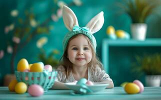 ai generado niño con orejas usa conejito sombrero a un mesa con Pascua de Resurrección huevos foto