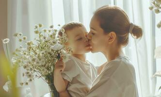 ai generado madre Besos hijo a hogar participación flores para madres día foto