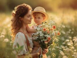 AI generated mom and son are holding a bouquet of flowers photo