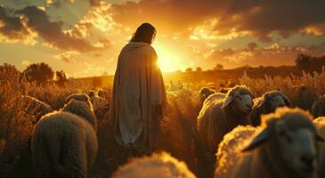 ai generado Jesús es en pie en el medio de oveja foto