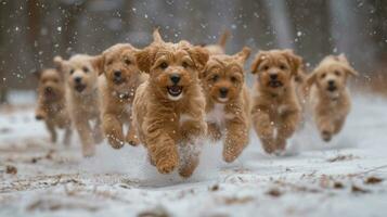 AI generated many puppies playing in the snow photo