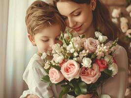 AI generated mom and son are holding a bouquet of flowers photo