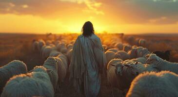 AI generated jesus is standing in the middle of sheep photo