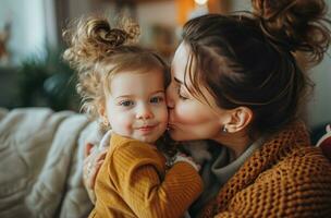 AI generated mother kissing daughter on the cheek photo