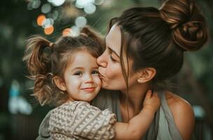 AI generated mother kisses son at home holding flowers for mothers day photo
