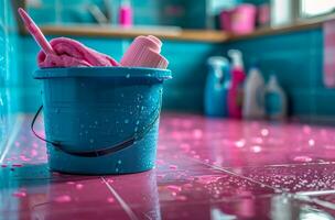 AI generated home cleaning products in a blue bucket inside kitchen, photo