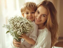 ai generado mamá y hijo son participación un ramo de flores de flores foto