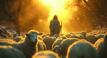 AI generated jesus is standing in the middle of sheep photo