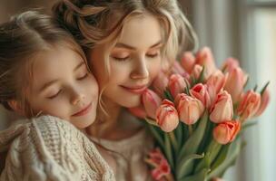 ai generado madres día saludo tarjeta ideas madre hija abrazo ramo de flores de tulipanes foto