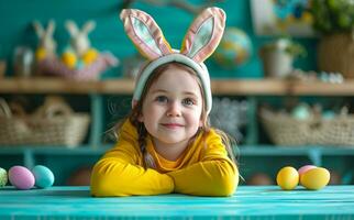 ai generado niño con orejas usa conejito sombrero a un mesa con Pascua de Resurrección huevos foto