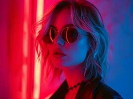 AI generated lady with long blonde bob wearing sunglasses on blueblack background photo