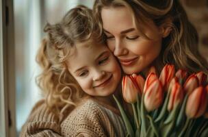 ai generado madres día saludo tarjeta ideas madre hija abrazo ramo de flores de tulipanes foto