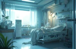 ai generado hospital cama rodeado por médico suministros foto
