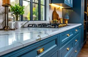 AI generated new kitchen design with a white counter top and blue cabinets photo