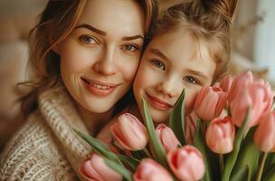 AI generated mothers day greeting card ideas mother daughter hug bouquet of tulips photo