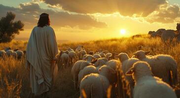 ai generado Jesús soportes en un manada con corderos mirando a el puesta de sol foto