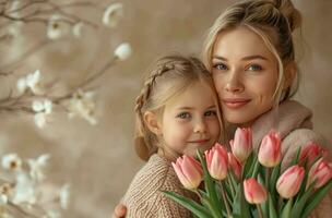 ai generado madres día saludo tarjeta ideas madre hija abrazo ramo de flores de tulipanes foto