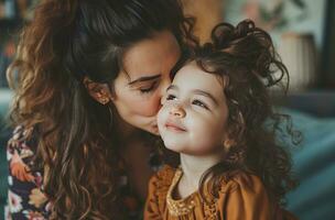 AI generated mother kissing daughter on the cheek photo