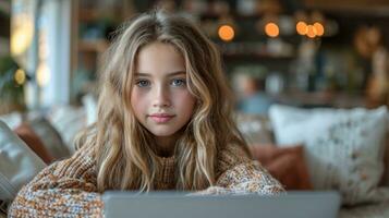 AI generated nice 11-years old girl with laptop in the room photo