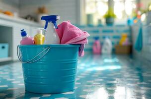 AI generated home cleaning products in a blue bucket inside kitchen, photo