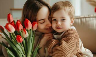 ai generado madre acurrucarse su hijo con tulipanes y madre besos él foto
