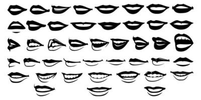 Woman Lips Silhouettes Set. Back and white vector cliparts.