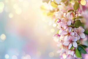 AI generated spring advertisment natural nackground with flowers, bokeh lights and copy space photo