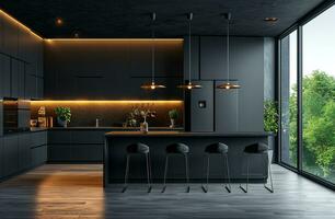 AI generated the modern minimalist kitchen with black cabinets and metal lighting photo