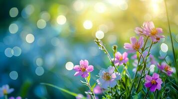 AI generated spring advertisment natural nackground with flowers, bokeh lights and copy space photo