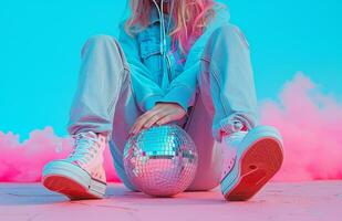 AI generated someone is holding a disco ball while wearing sneakers and headphones photo