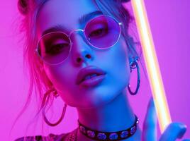 AI generated stylish rock girl in sunglasses holds colorful glow stick photo
