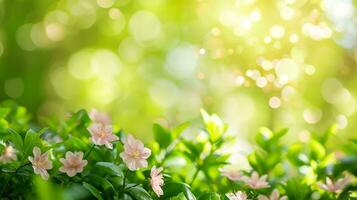 AI generated spring advertisment natural nackground with flowers, bokeh lights and copy space photo