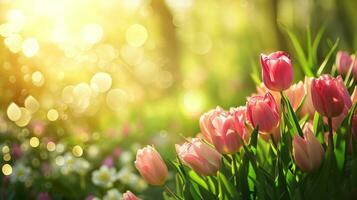 AI generated spring advertisment natural nackground with flowers, bokeh lights and copy space photo