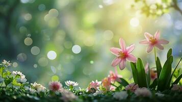 AI generated spring advertisment natural nackground with flowers, bokeh lights and copy space photo