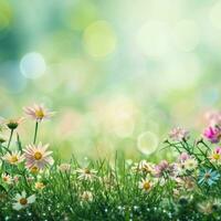AI generated spring advertisment natural nackground with flowers, bokeh lights and copy space photo