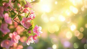 AI generated spring advertisment natural nackground with flowers, bokeh lights and copy space photo