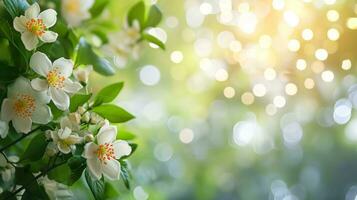 AI generated spring advertisment natural nackground with flowers, bokeh lights and copy space photo