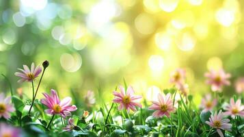 AI generated spring advertisment natural nackground with flowers, bokeh lights and copy space photo