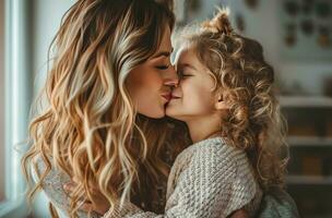 AI generated mother kissing daughter on the cheek photo