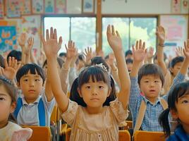 AI generated many people raise their hands in a classroom photo