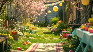 ai generado un encantador jardín escena con Pascua de Resurrección decoraciones, creando un alegre atmósfera para anuncios foto