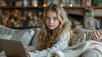 ai generado bonito 11 años antiguo niña con ordenador portátil en el habitación foto