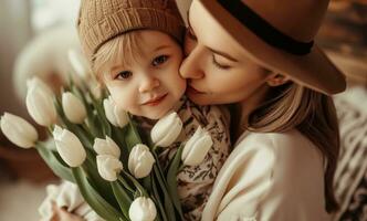 AI generated mother cuddling her son with tulips and mother kissing him photo