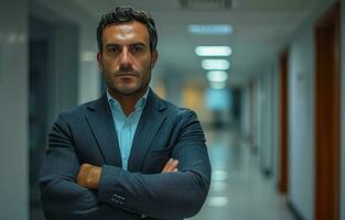 AI generated the attractive businessman with arms crossed in front of an empty office photo
