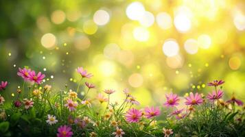 AI generated spring advertisment natural nackground with flowers, bokeh lights and copy space photo