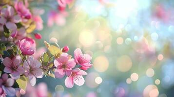 AI generated spring advertisment natural nackground with flowers, bokeh lights and copy space photo